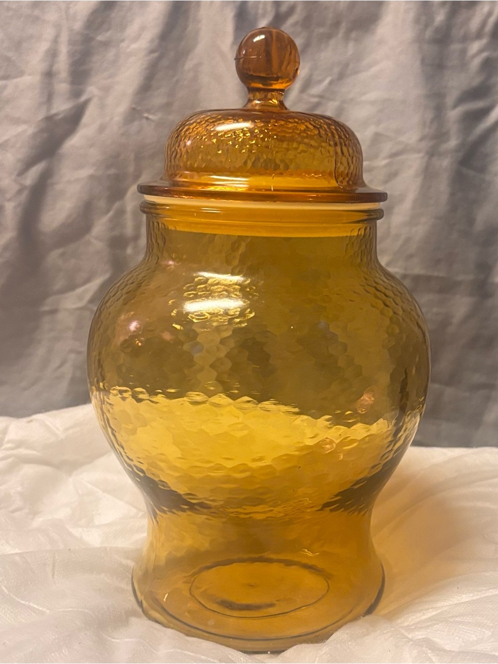 Vintage Amber Art Glass Apothecary Jar with Lid – Textured Hand‑Blown Mid‑Centur